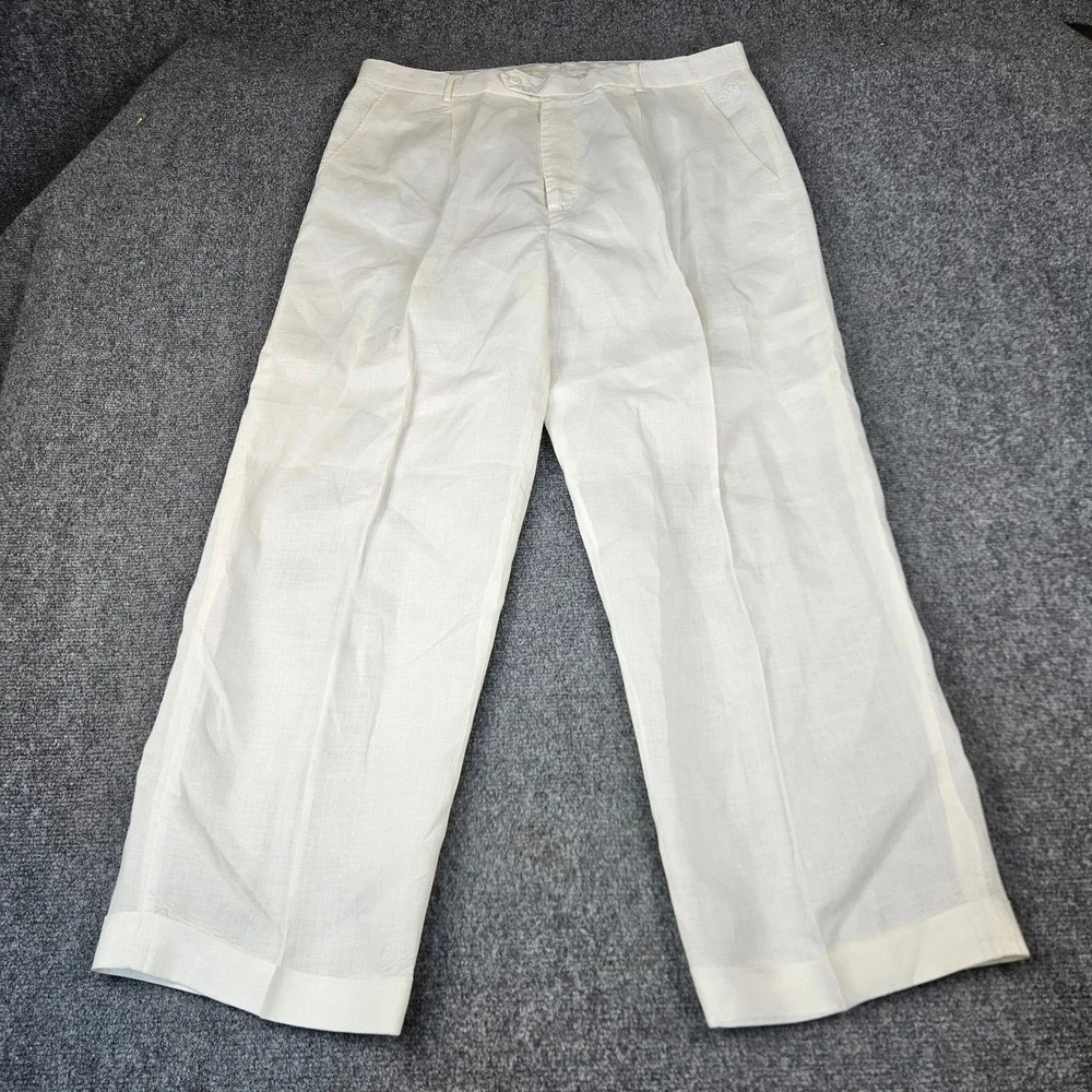 Steve Harvey Mens White 100% Linen Pleated Dress Pants 38 Crown Logo Trousers